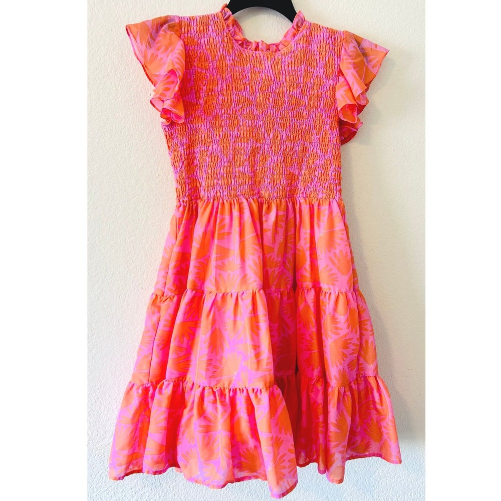 J. Marie Brunch Pink Orange Floral Smocked Tiered Mini Dress Flutter Sleeve SZ M